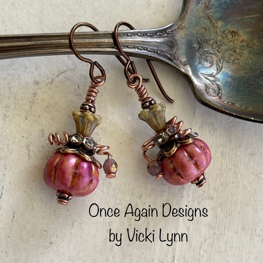 Hand Crafted “Pretty in Pink Pumpkin” Dangle Earrings - Picture 1 of 10